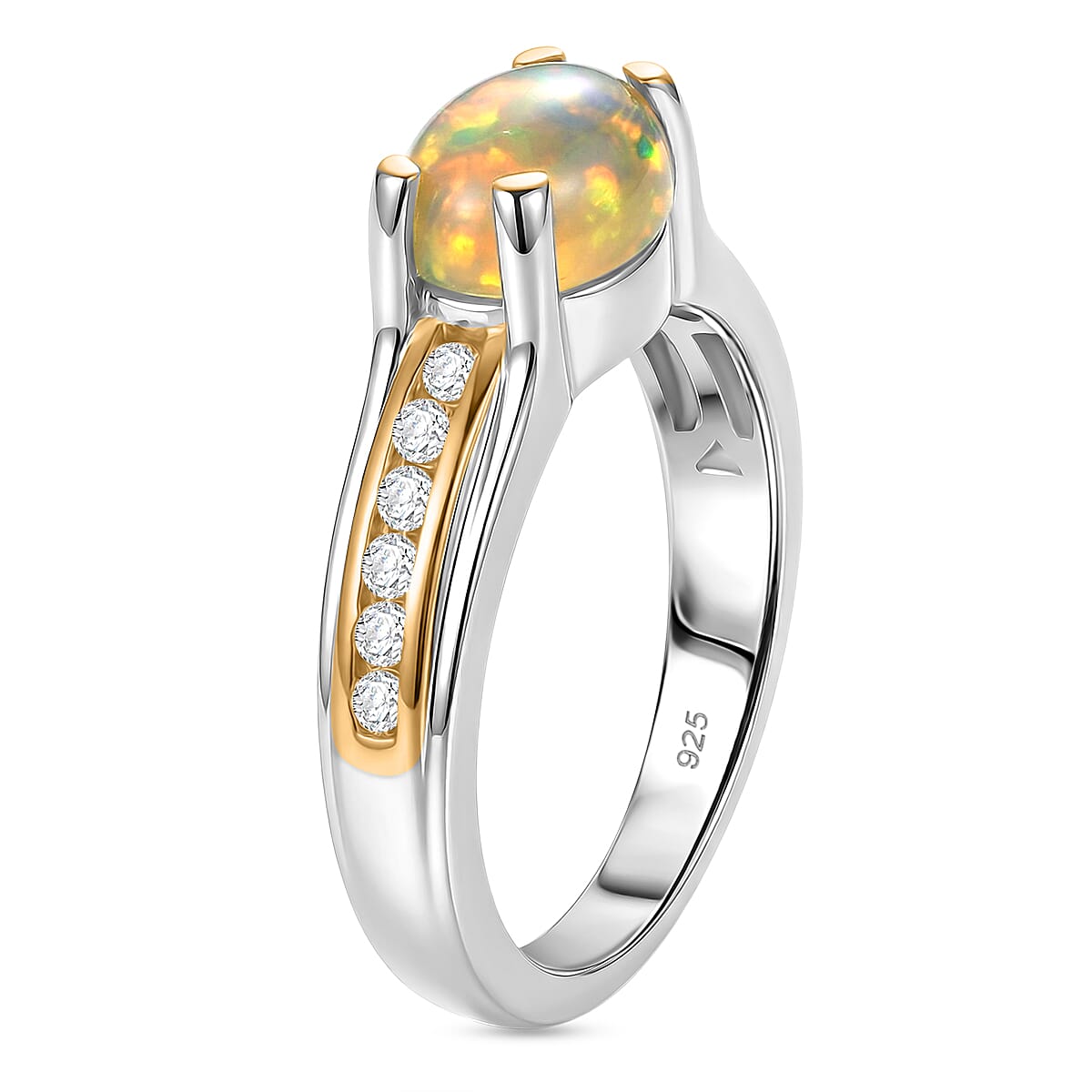 Ethiopian Welo Opal and White Zircon 0.90 ctw Ring in Two-Tone Plated Sterling Silver (Size 5.5)