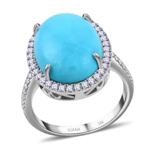 Iliana 18K White Gold AAA Sleeping Beauty Turquoise and G-H SI Diamond Halo Ring (Size 6.0) 5.70 Grams 7.00 ctw