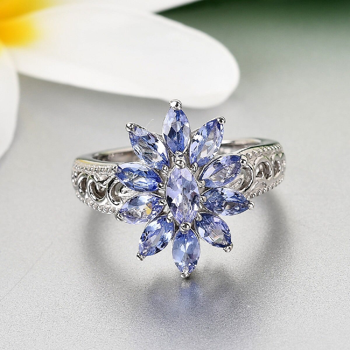 Tanzanite Floral Ring in Platinum Over Sterling Silver (Size 10.0) 1.70 ctw image number 1
