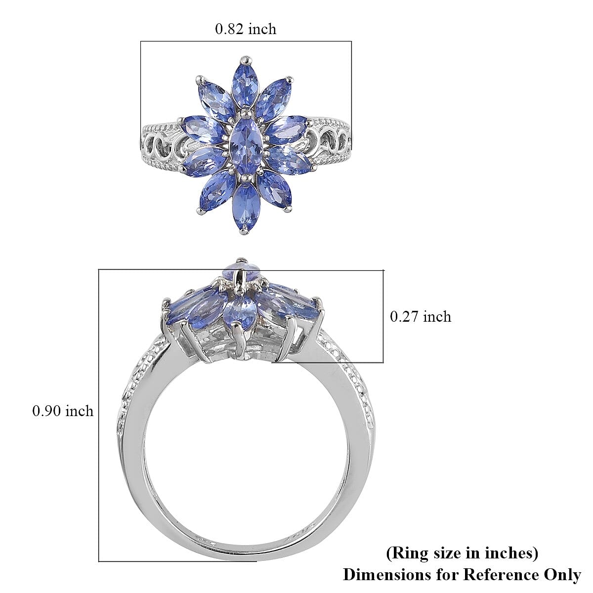 Tanzanite Floral Ring in Platinum Over Sterling Silver (Size 10.0) 1.70 ctw image number 5