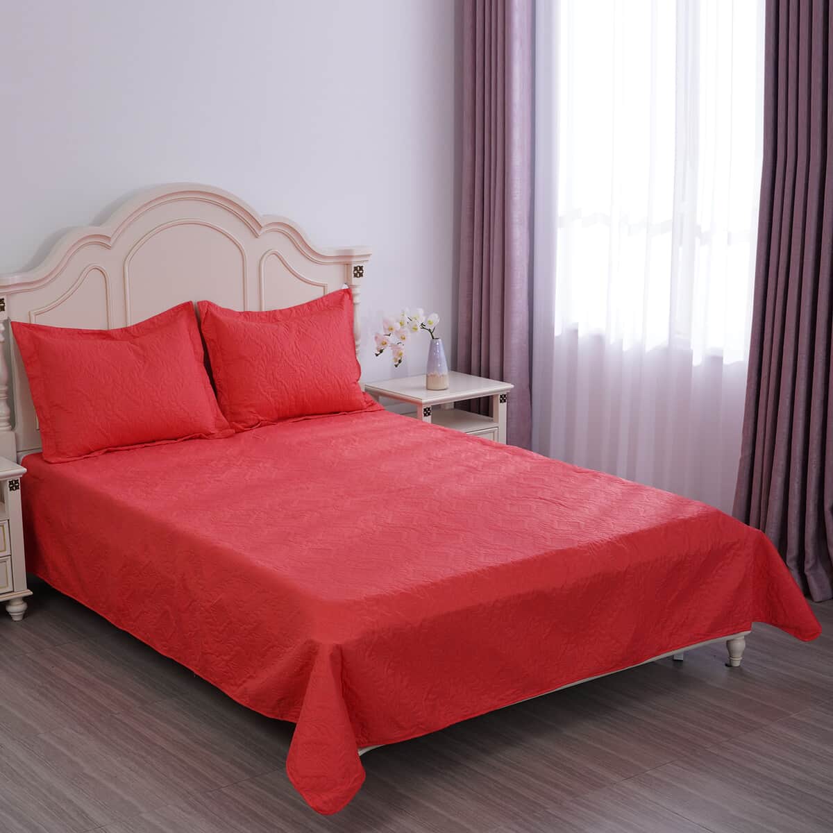 Homesmart 3 Pcs Solid Red Pinsonic Quilt Bedding Set - Queen Size image number 0