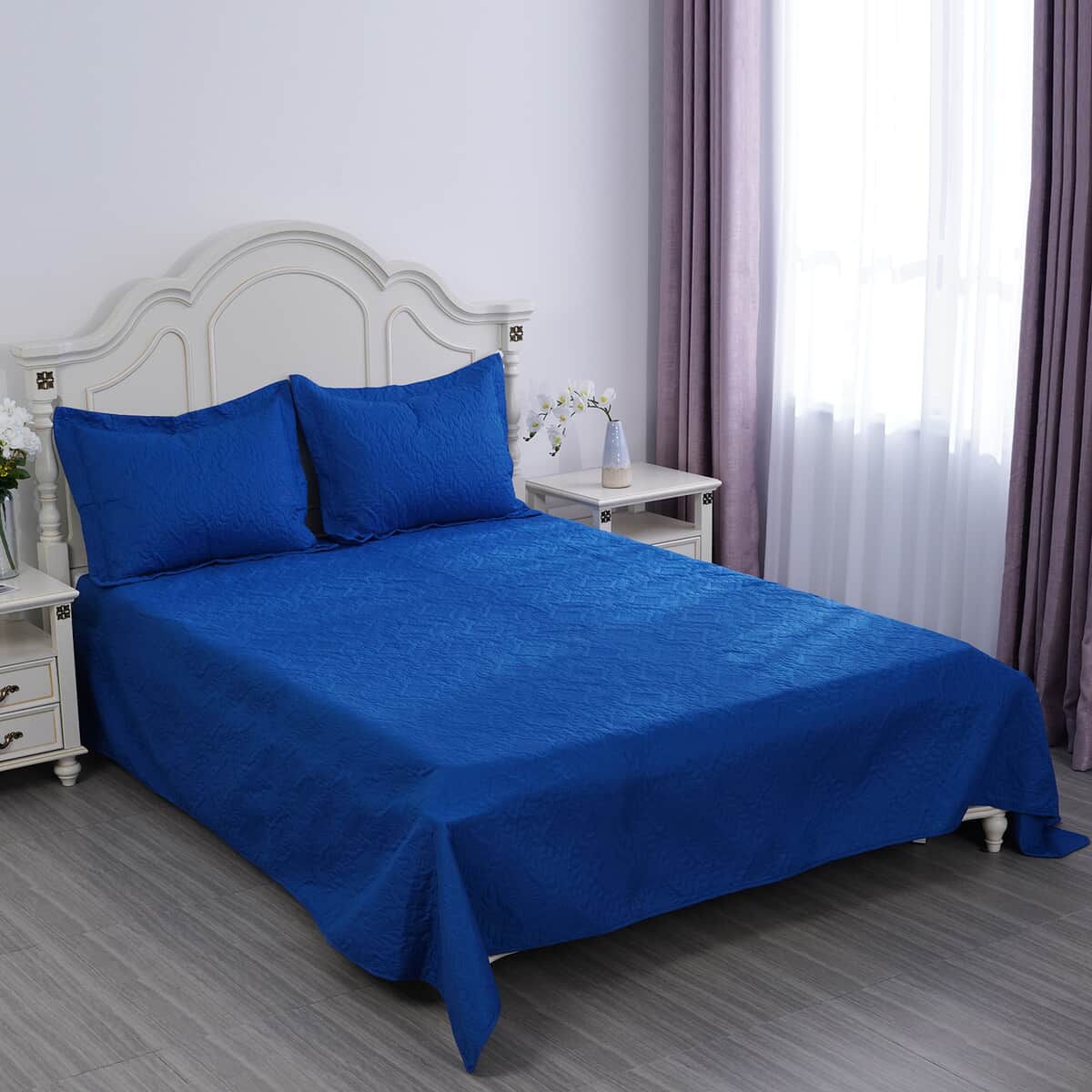 Homesmart 3 Pcs Solid Blue Pinsonic Quilt Bedding Set - Queen Size image number 0