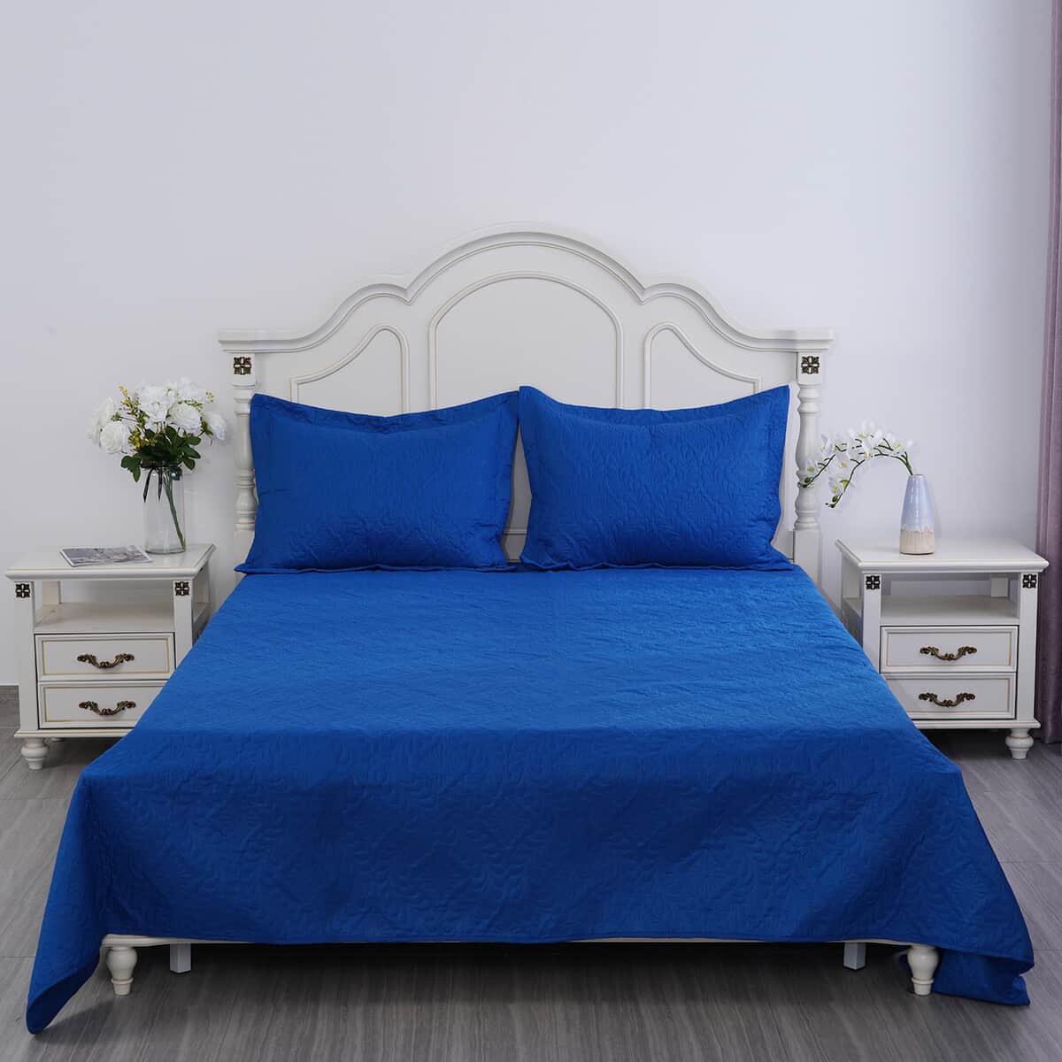 Homesmart 3 Pcs Solid Blue Pinsonic Quilt Bedding Set - Queen Size image number 1
