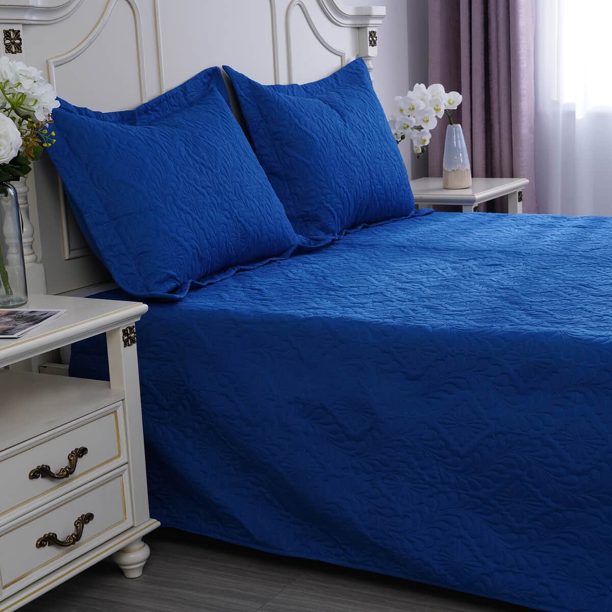 Homesmart 3 Pcs Solid Blue Pinsonic Quilt Bedding Set - Queen Size image number 2