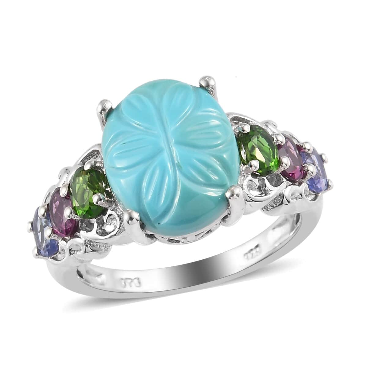 American Natural Sleeping Beauty Turquoise Carved and Multi Gemstone Ring in Platinum Over Sterling Silver (Size 7.0) 5.40 ctw image number 0