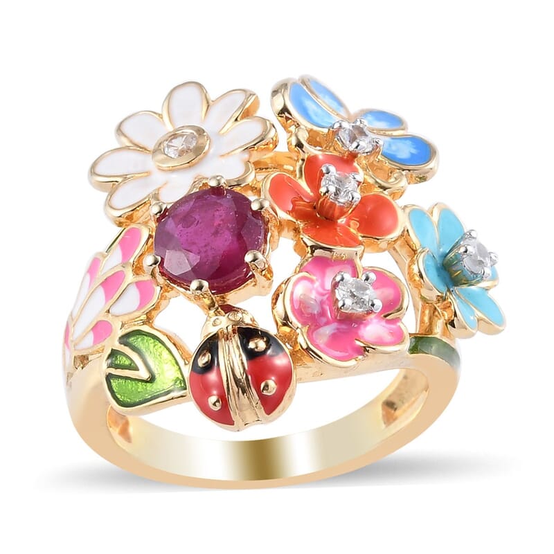 GP Italian Garden Collection Niassa Ruby (FF) and White Zircon 1.75 ctw Floral Ring in Vermeil Yellow Gold Over Sterling Silver (Size 10.0)