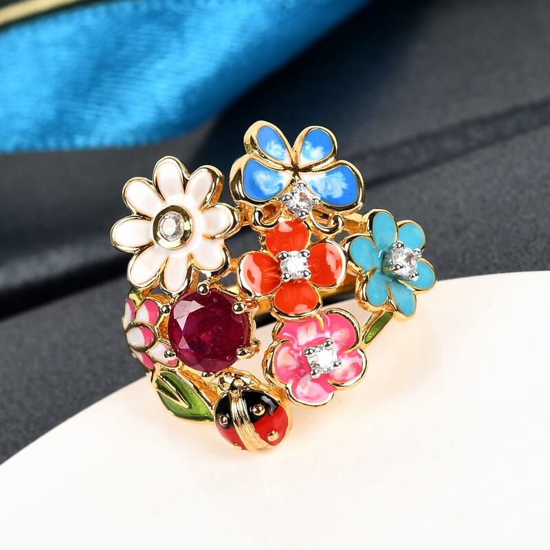 GP Italian Garden Collection Niassa Ruby (FF) and White Zircon 1.75 ctw Floral Ring in Vermeil Yellow Gold Over Sterling Silver (Size 10.0)