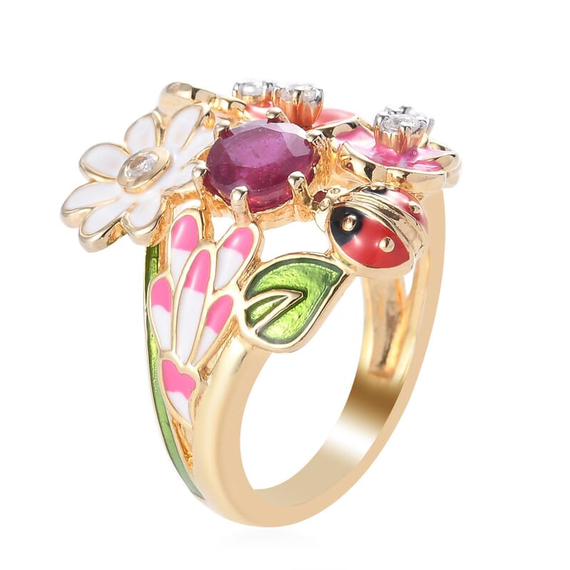 GP Italian Garden Collection Niassa Ruby (FF) and White Zircon 1.75 ctw Floral Ring in Vermeil Yellow Gold Over Sterling Silver (Size 10.0)