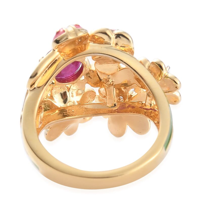 GP Italian Garden Collection Niassa Ruby (FF) and White Zircon 1.75 ctw Floral Ring in Vermeil Yellow Gold Over Sterling Silver (Size 10.0)