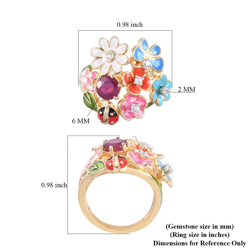 GP Italian Garden Collection Niassa Ruby (FF) and White Zircon 1.75 ctw Floral Ring in Vermeil Yellow Gold Over Sterling Silver (Size 10.0)