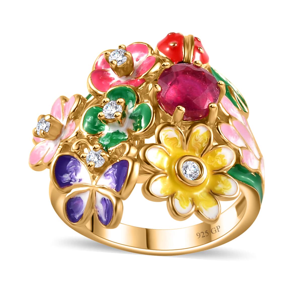 GP Italian Garden Collection Niassa Ruby (FF) and White Zircon Floral Ring in Vermeil Yellow Gold Over Sterling Silver (Size 7.0) 1.75 ctw image number 0