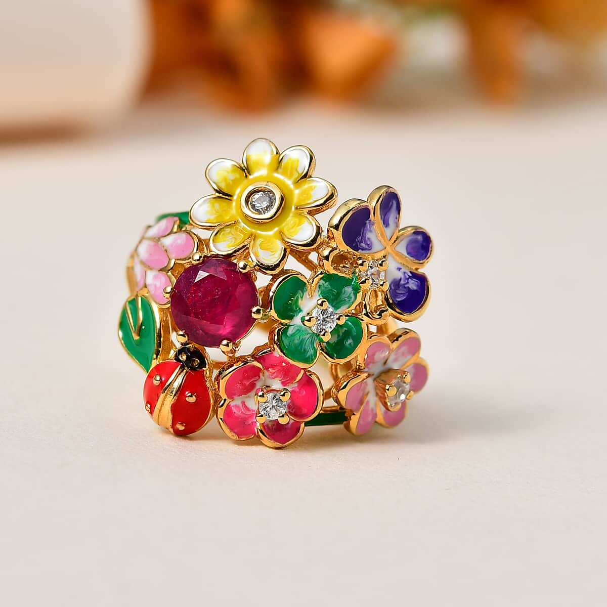 GP Italian Garden Collection Niassa Ruby (FF) and White Zircon Floral Ring in Vermeil Yellow Gold Over Sterling Silver (Size 7.0) 1.75 ctw image number 1