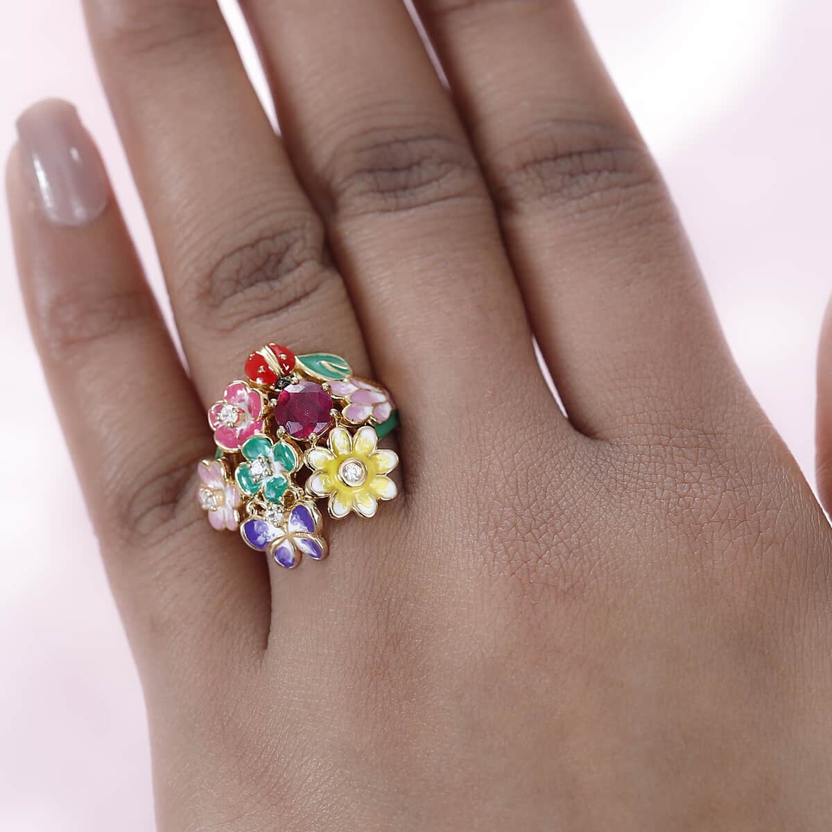 GP Italian Garden Collection Niassa Ruby (FF) and White Zircon Floral Ring in Vermeil Yellow Gold Over Sterling Silver (Size 7.0) 1.75 ctw image number 2