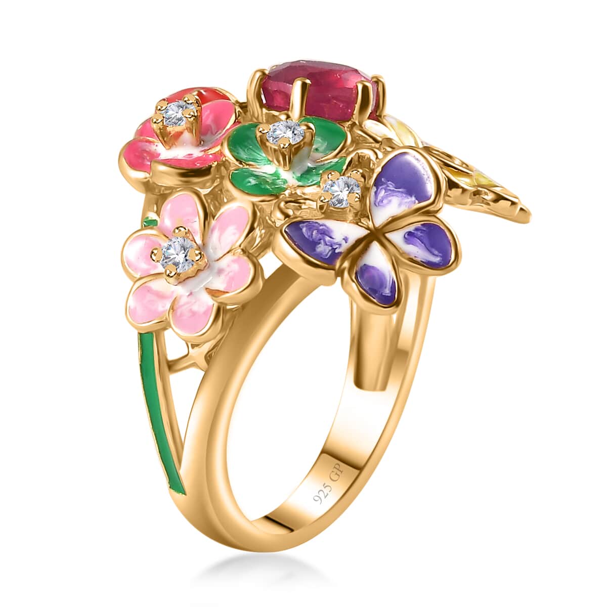 GP Italian Garden Collection Niassa Ruby (FF) and White Zircon Floral Ring in Vermeil Yellow Gold Over Sterling Silver (Size 7.0) 1.75 ctw image number 3