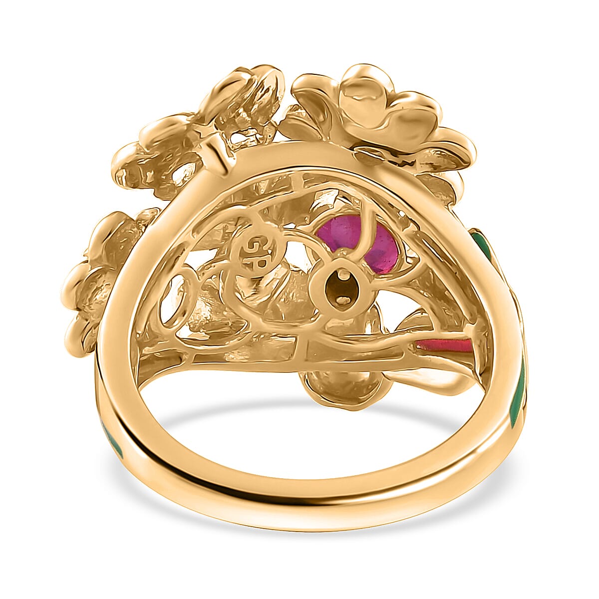 GP Italian Garden Collection Niassa Ruby (FF) and White Zircon Floral Ring in Vermeil Yellow Gold Over Sterling Silver (Size 7.0) 1.75 ctw