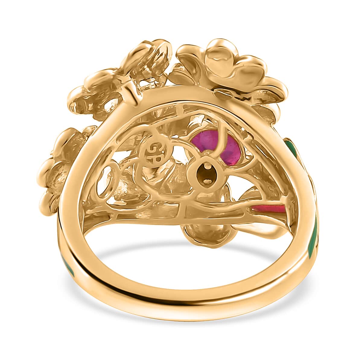 GP Italian Garden Collection Niassa Ruby (FF) and White Zircon Floral Ring in Vermeil Yellow Gold Over Sterling Silver (Size 7.0) 1.75 ctw image number 4