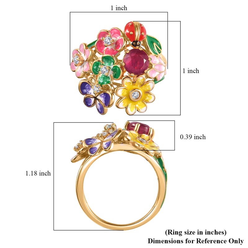 GP Italian Garden Collection Niassa Ruby (FF) and White Zircon Floral Ring in Vermeil Yellow Gold Over Sterling Silver (Size 7.0) 1.75 ctw