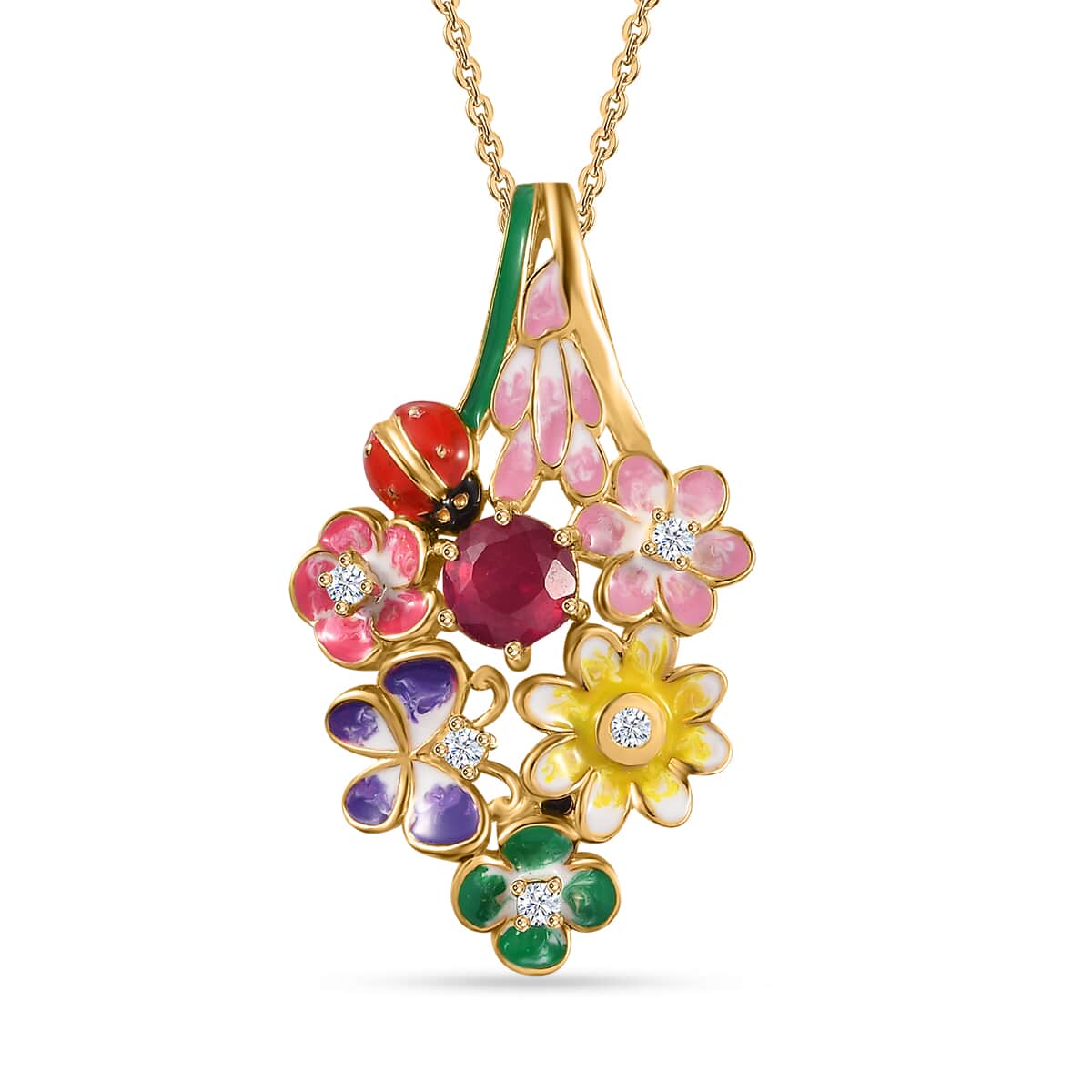 GP Italian Garden Collection Niassa Ruby and Multi Gemstone Floral Pendant Necklace 20 Inch in Vermeil Yellow Gold Over Sterling Silver 1.75 ctw image number 0