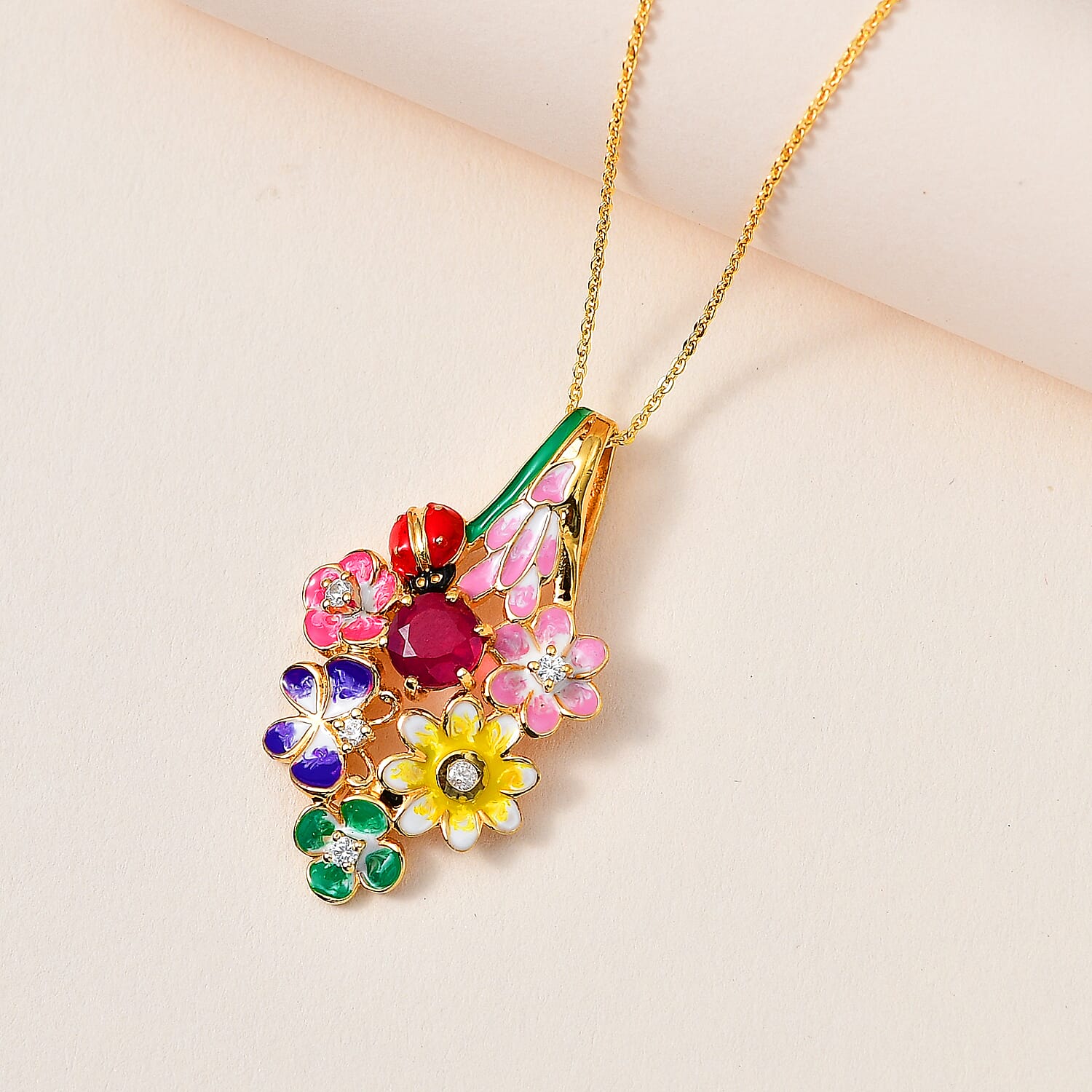 GP Italian Garden Collection Niassa Ruby and Multi Gemstone Floral Pendant Necklace 20 Inch in Vermeil Yellow Gold Over Sterling Silver 1.75 ctw