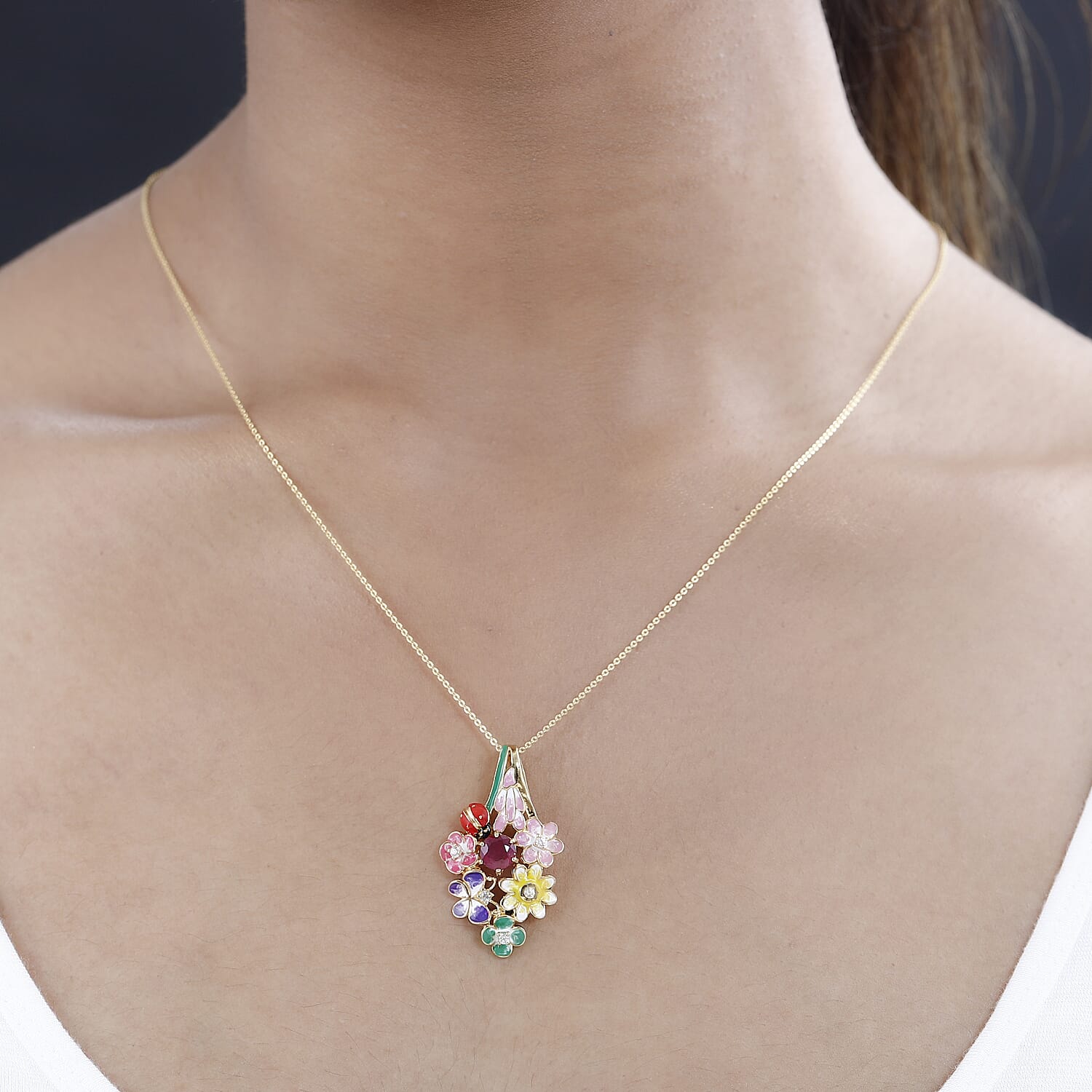 GP Italian Garden Collection Niassa Ruby and Multi Gemstone Floral Pendant Necklace 20 Inch in Vermeil Yellow Gold Over Sterling Silver 1.75 ctw