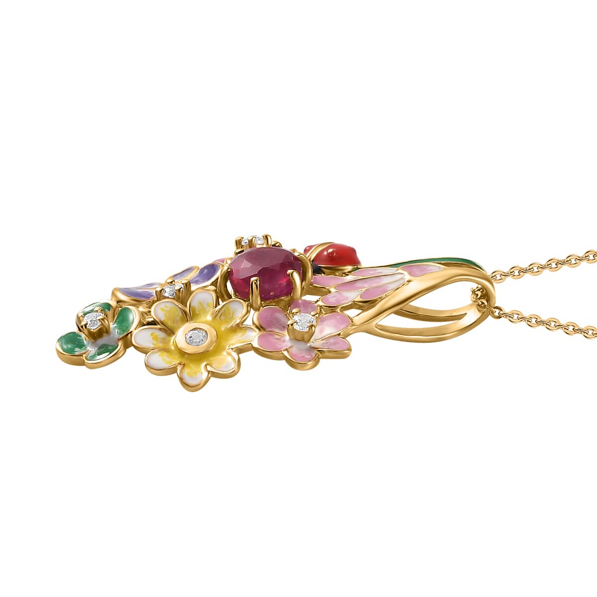 GP Italian Garden Collection Niassa Ruby and Multi Gemstone Floral Pendant Necklace 20 Inch in Vermeil Yellow Gold Over Sterling Silver 1.75 ctw image number 3