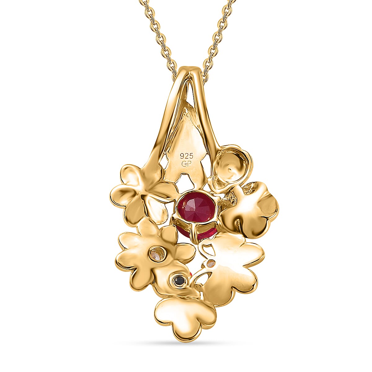 GP Italian Garden Collection Niassa Ruby and Multi Gemstone Floral Pendant Necklace 20 Inch in Vermeil Yellow Gold Over Sterling Silver 1.75 ctw
