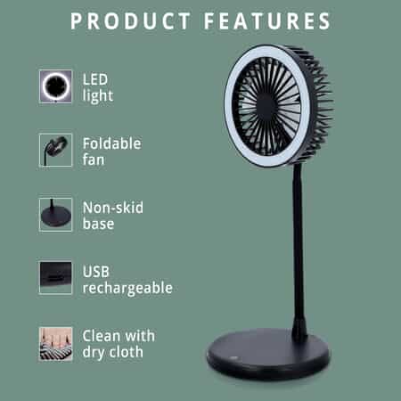 USB Desk Fan With LED Light & 3 Speed Option , Portable Rechargeable and Foldable Desk Fan , Noise Free Fan - Black (5V/1A 2W) image number 2