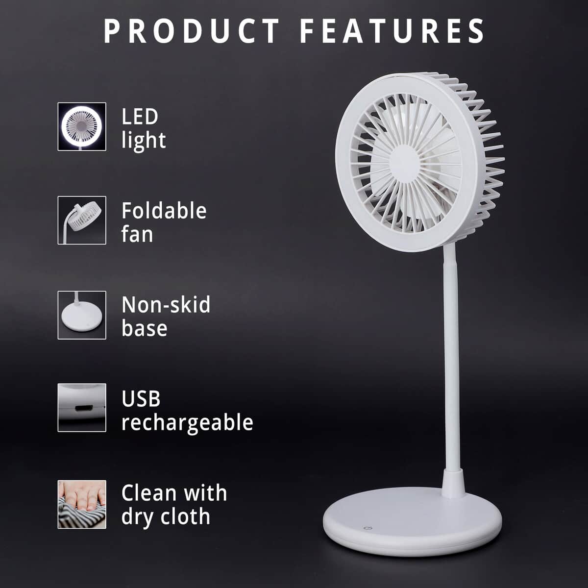 USB Desk Fan With LED Light & 3 Speed Option , Portable Rechargeable and Foldable Desk Fan , Noise Free Fan - White (5V/1A 2W) image number 2