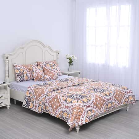 Homesmart Yellow and Brick Flower Printed 6pcs Quilt Set - Queen (100% Microfiber) image number 0