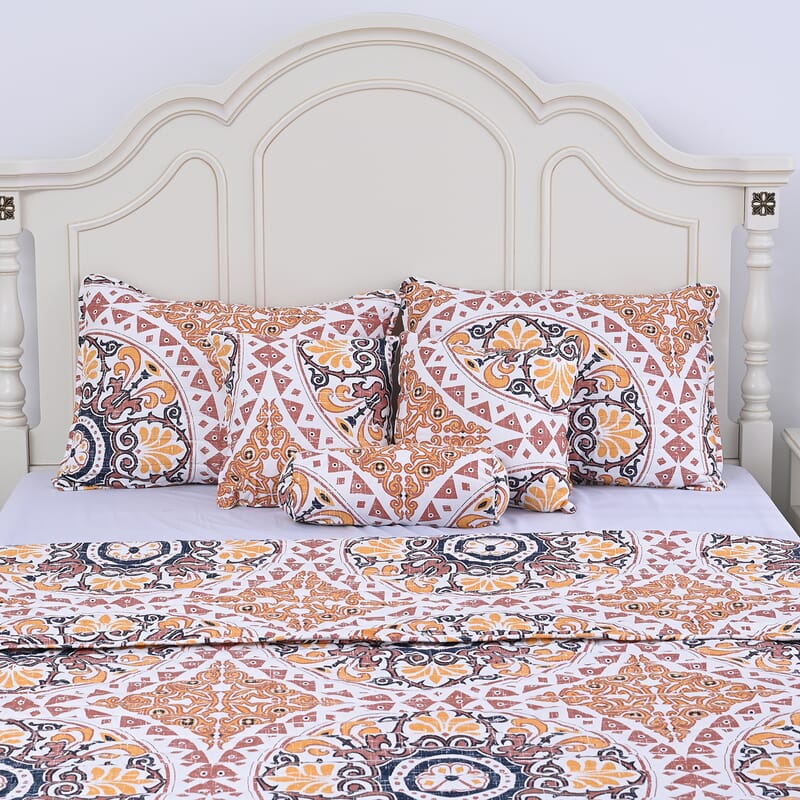 Homesmart Yellow and Brick Flower Printed 6pcs Quilt Set - Queen (100% Microfiber)