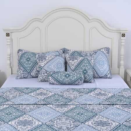 Homesmart Blue and Green Flower Printed 6pcs Quilt Set - Queen (100% Microfiber) image number 2
