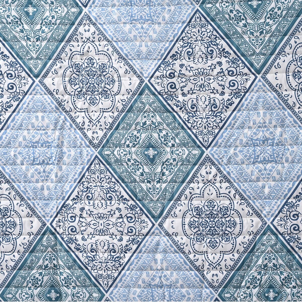 Homesmart Blue and Green Flower Printed 6pcs Quilt Set - King (100% Microfiber) image number 4