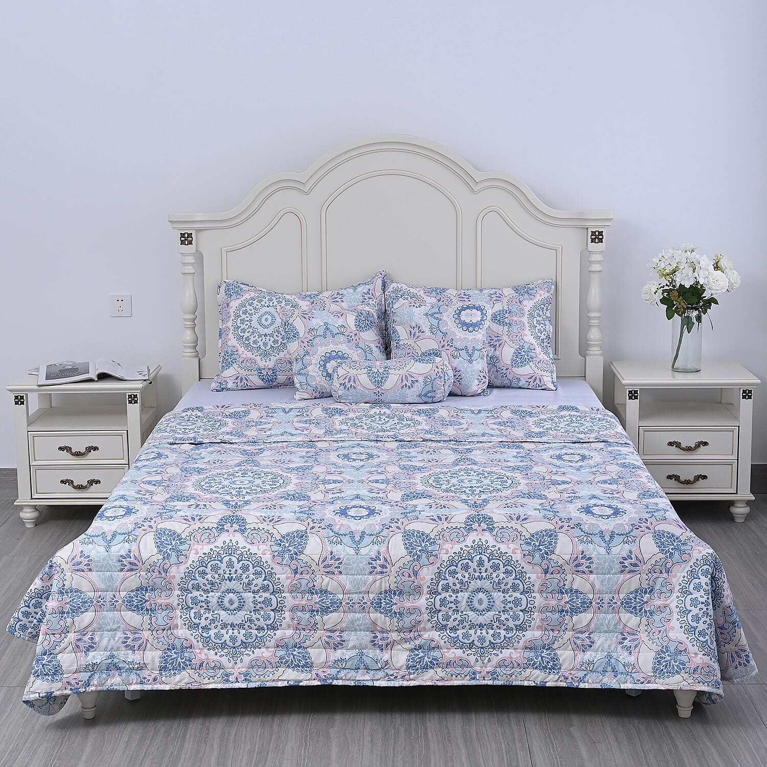 Homesmart Light Blue and Pink Flower Printed 6pcs Quilt Set - King (100% Microfiber)