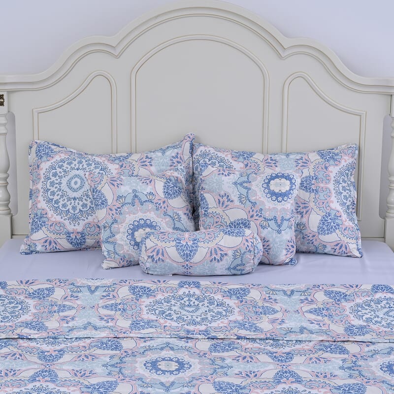 Homesmart Light Blue and Pink Flower Printed 6pcs Quilt Set - King (100% Microfiber)