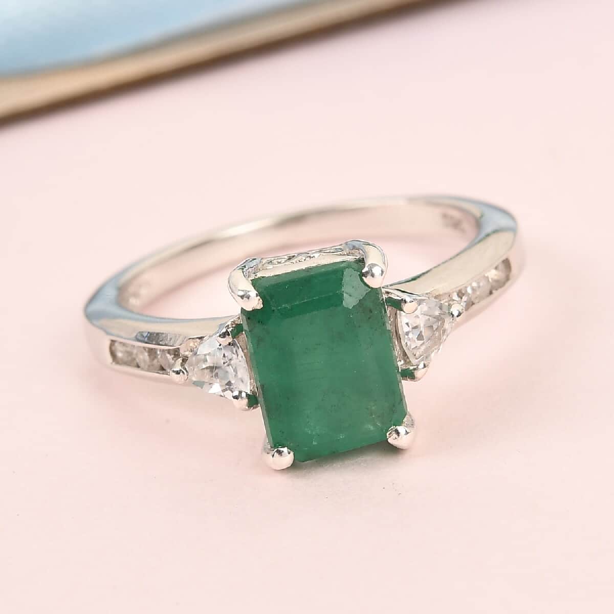 Kagem Zambian Emerald and Zircon Ring in Platinum Over Sterling Silver (Size 9.0) 2.00 ctw image number 1