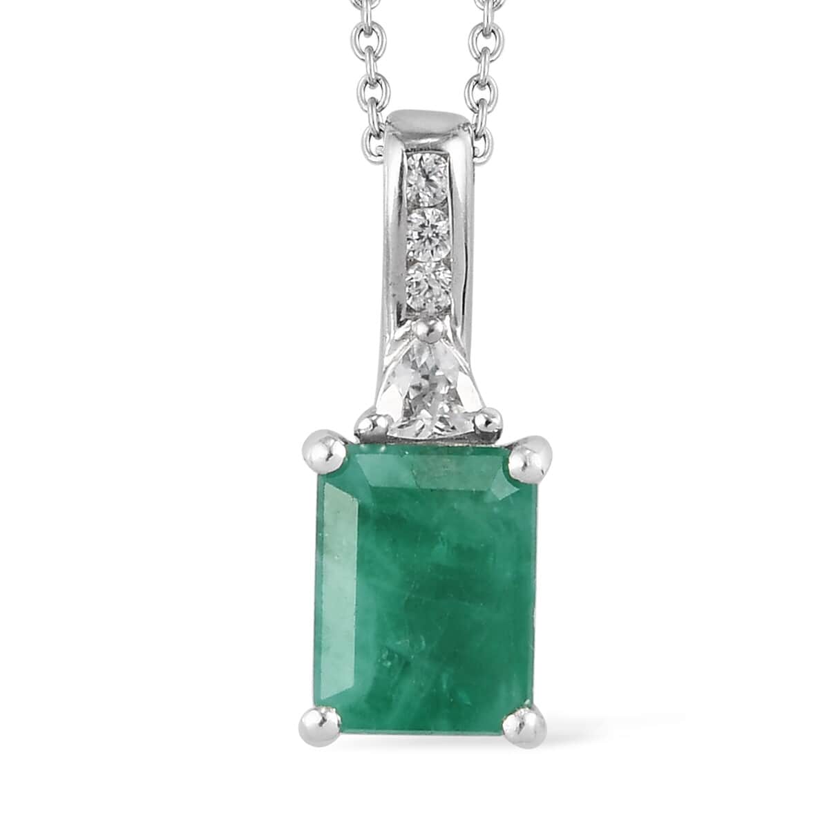 Kagem Zambian Emerald and White Zircon Solitaire Pendant Necklace 20 Inches in Platinum Over Sterling Silver 1.75 ctw image number 0