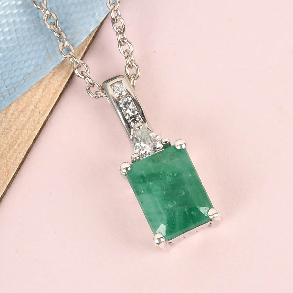 Kagem Zambian Emerald and White Zircon Solitaire Pendant Necklace 20 Inches in Platinum Over Sterling Silver 1.75 ctw image number 1