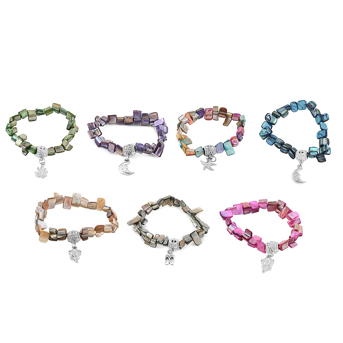 Set of 7 Shell Pearl Charms Bracelet in Silvertone
