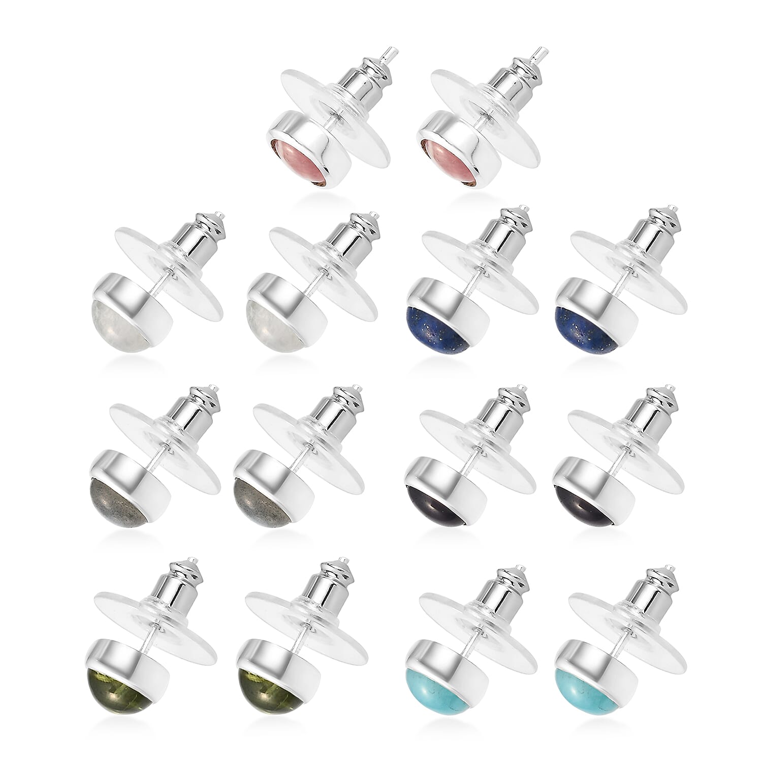Set of 7 Multi Gemstone Solitaire Stud Earrings in Sterling Silver 9.80 Grams 14.00 ctw