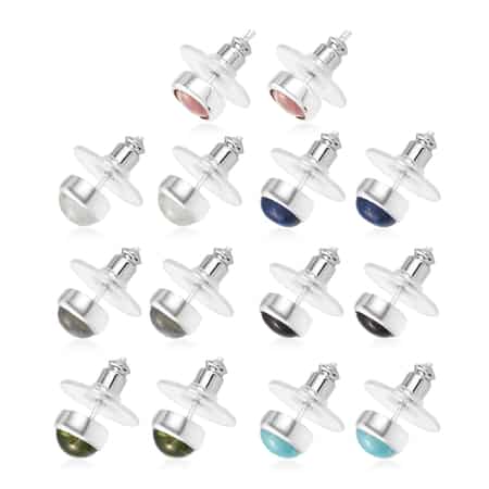 Set of 7 Multi Gemstone Solitaire Stud Earrings in Sterling Silver 9.80 Grams 14.00 ctw image number 1