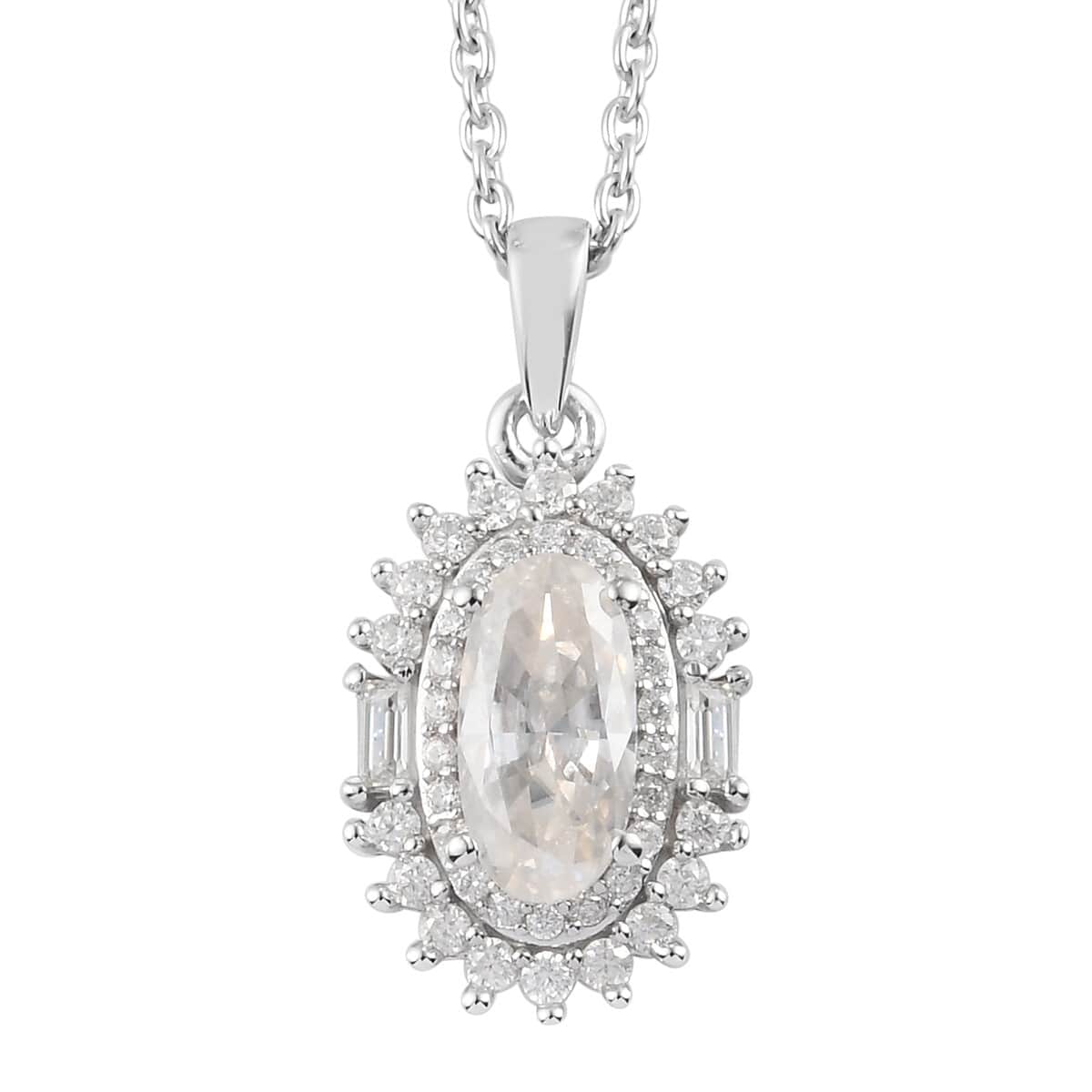 Moissanite Double Halo Pendant Necklace 20 Inches in Platinum Over Sterling Silver 2.00 ctw image number 0