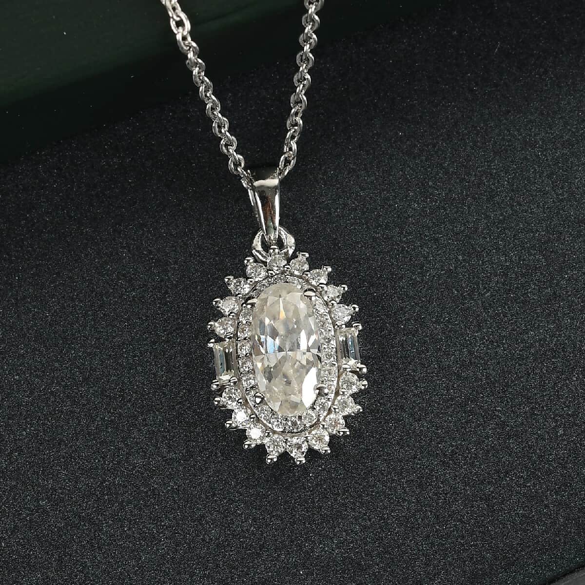 Moissanite Double Halo Pendant Necklace 20 Inches in Platinum Over Sterling Silver 2.00 ctw image number 1