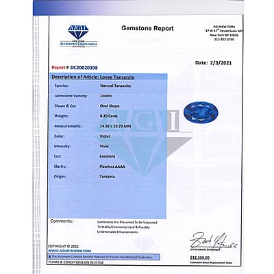 Certified and Appraised AAAA Vivid Tanzanite (Ovl Free Size) Approx 8.00 ctw