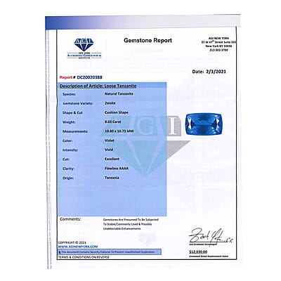 Certified and Appraised AAAA Vivid Tanzanite (Cush Free Size) Approx 8.00 ctw