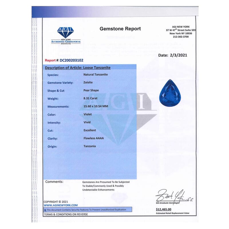 Certified and Appraised AAAA Vivid Tanzanite (Pear Free Size) Approx 8.00 ctw