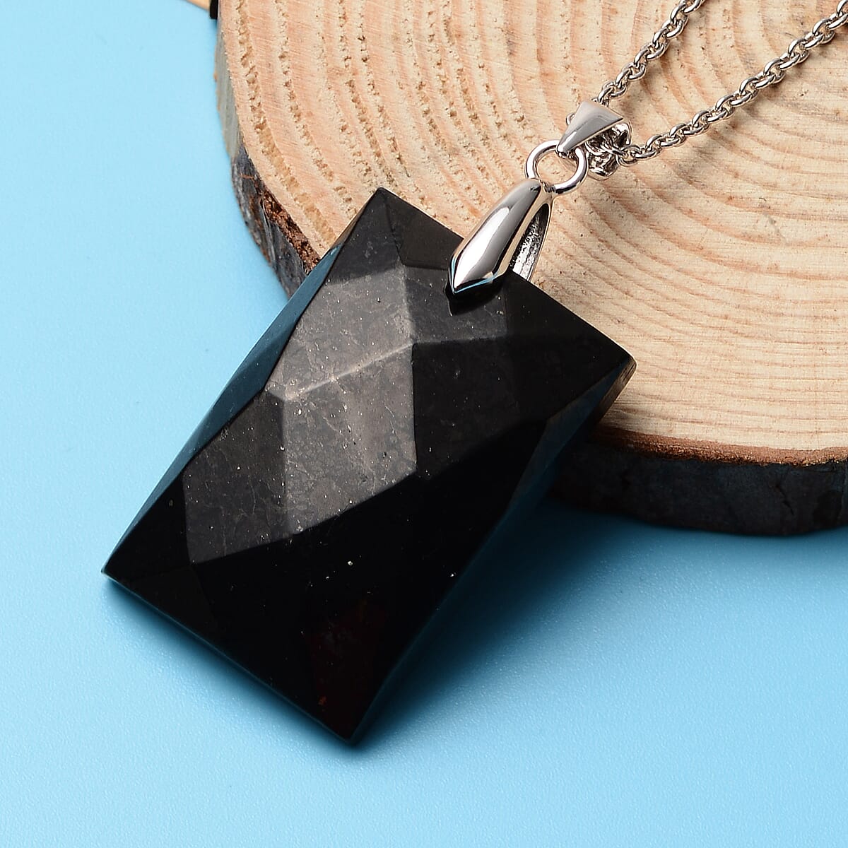 40.50 ctw Shungite Faceted Pendant Necklace 18 Inch in Rhodium Over Sterling Silver image number 1