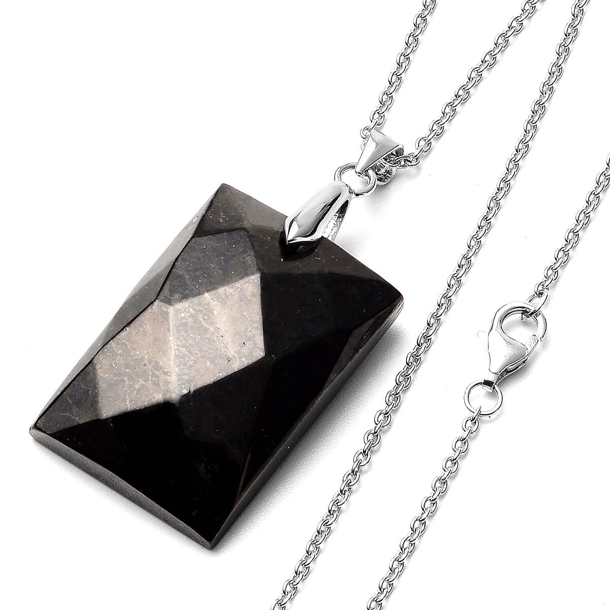 40.50 ctw Shungite Faceted Pendant Necklace 18 Inch in Rhodium Over Sterling Silver image number 3