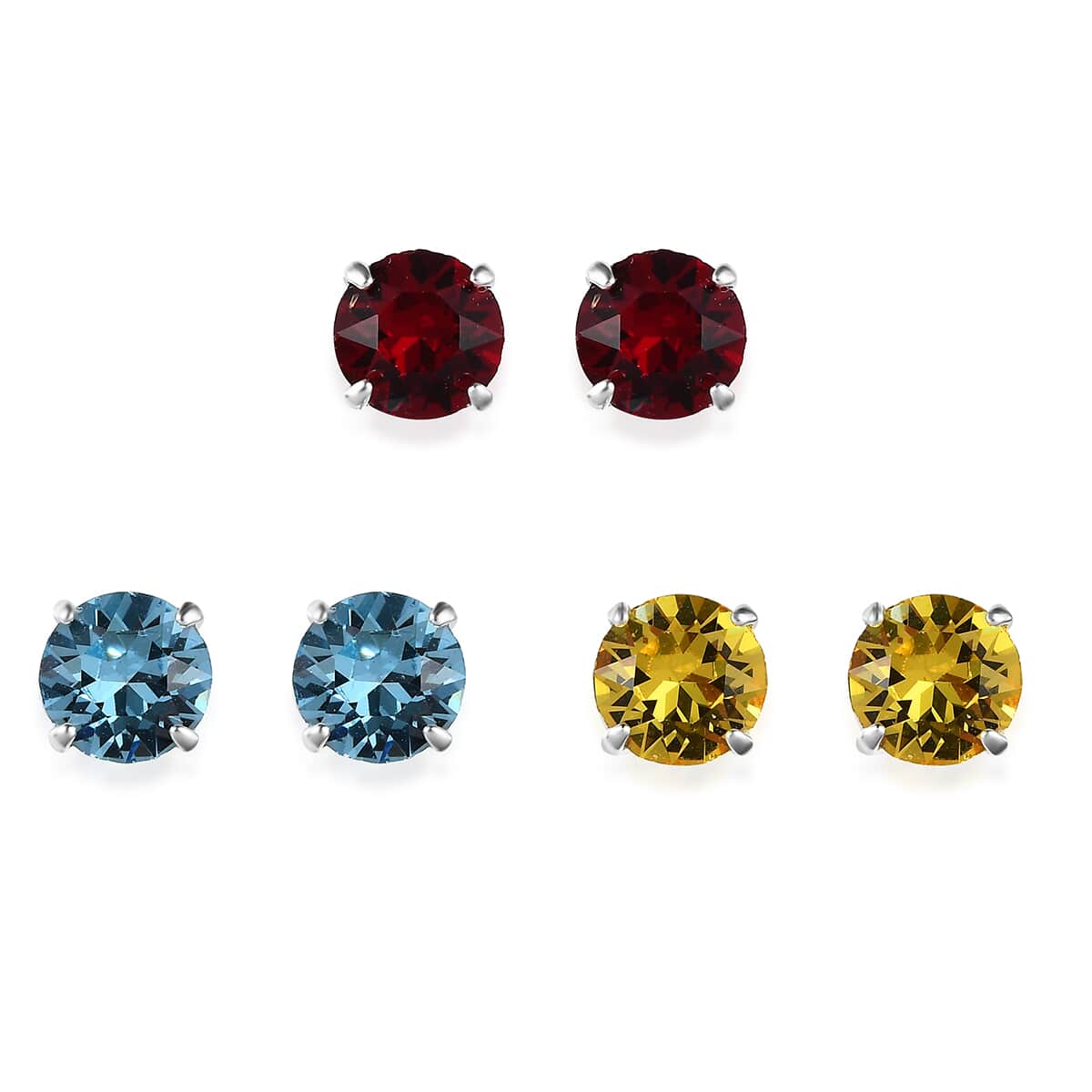 Multi Color Crystal Set of 3 Solitaire Stud Earrings in Sterling Silver image number 0