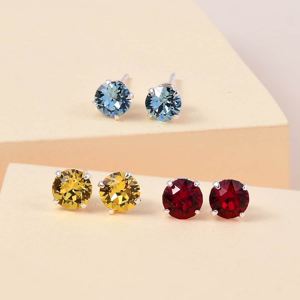 Multi Color Crystal Set of 3 Solitaire Stud Earrings in Sterling Silver image number 1