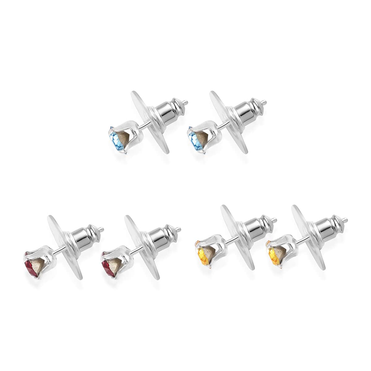 Multi Color Crystal Set of 3 Solitaire Stud Earrings in Sterling Silver image number 3